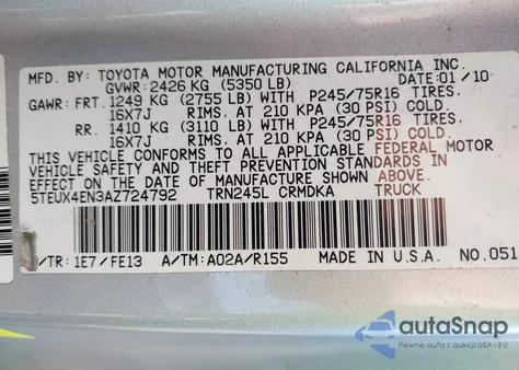 2010 Toyota Tacoma z USA, uszkodzony, nr VIN 5TEUX4EN3AZ724792